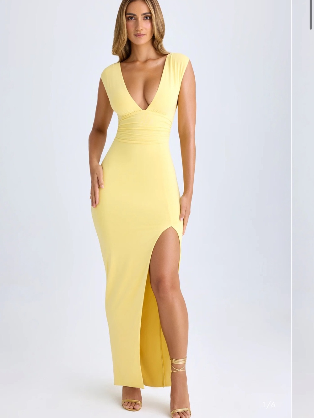 Oh Polly Pale Yellow V-Neck Cap Sleeve Maxi Dress with Thigh Slit
